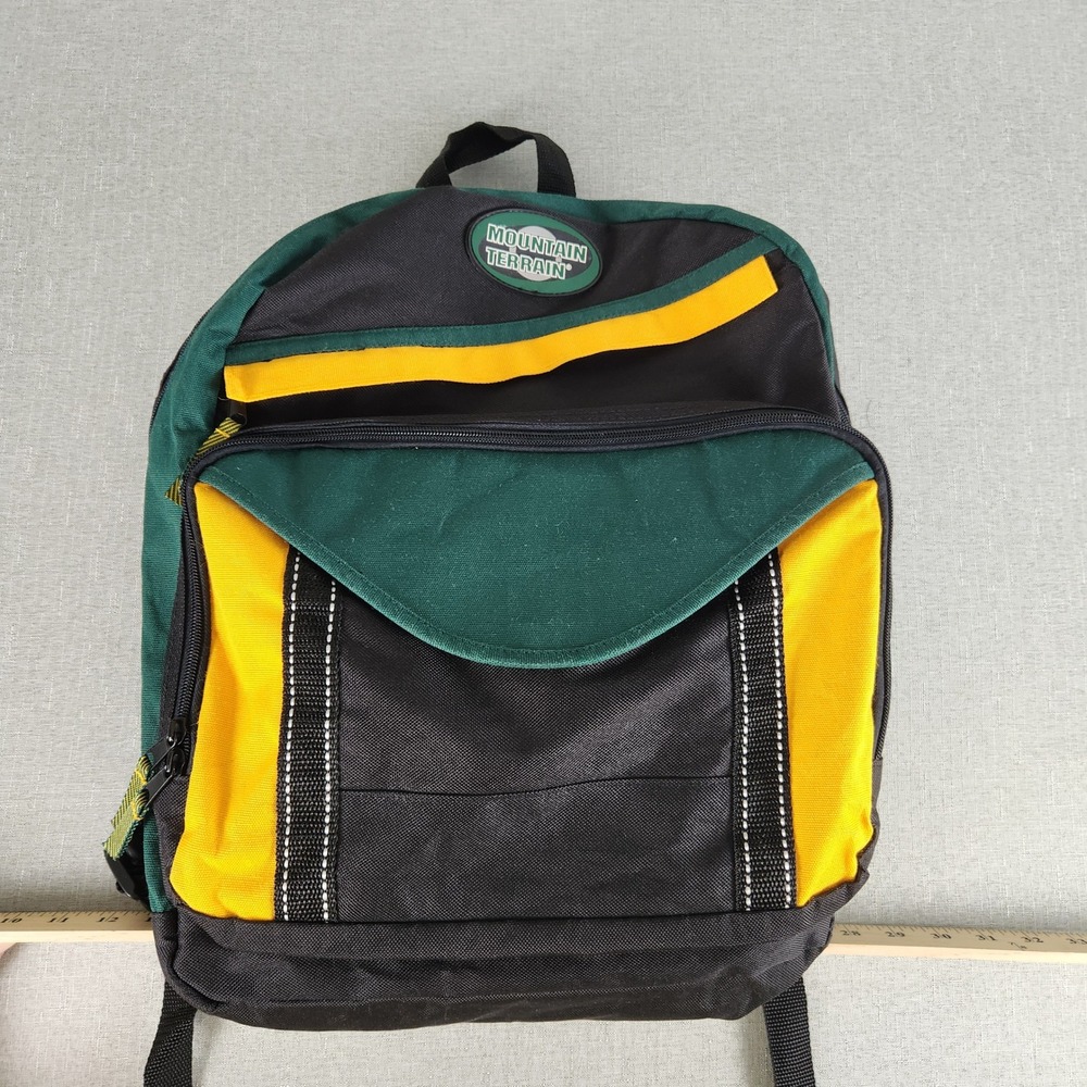 Vintage 90s Mountain Terrain Colorblock Backpack Green Black Yellow Hiking EUC